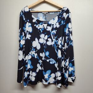 Calvin Klein Tunic Top Women Size 2X Blue Floral Long Sleeve Modest Casual